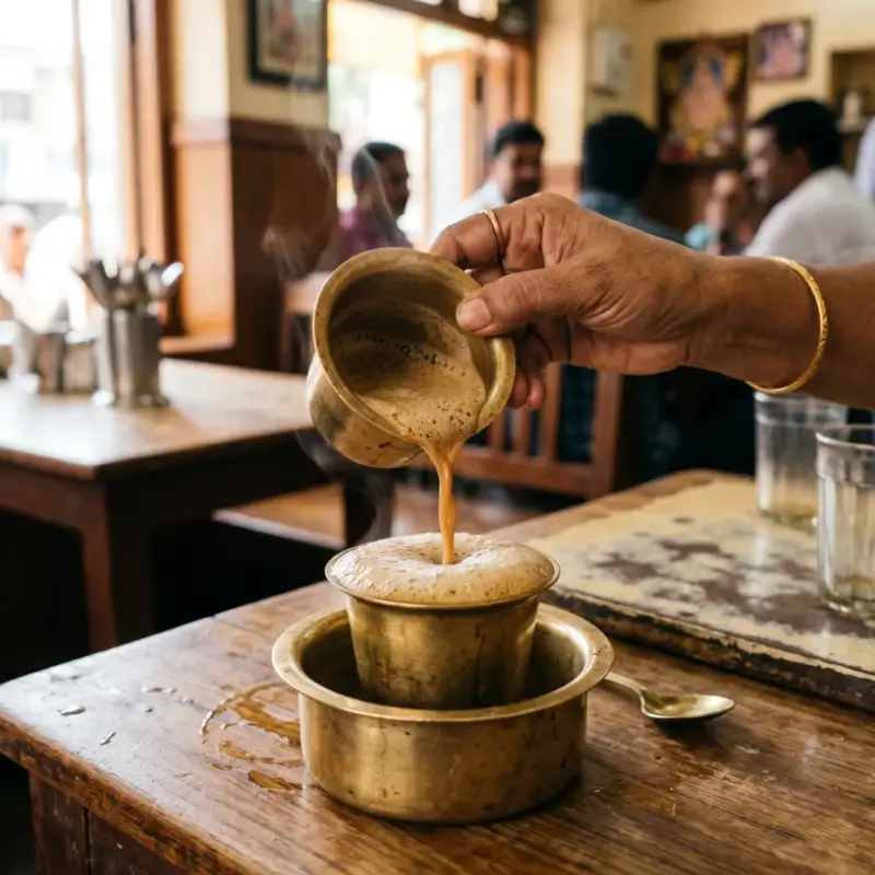 Traditional South Indian filter coffee being poured between brass davara and tumbler