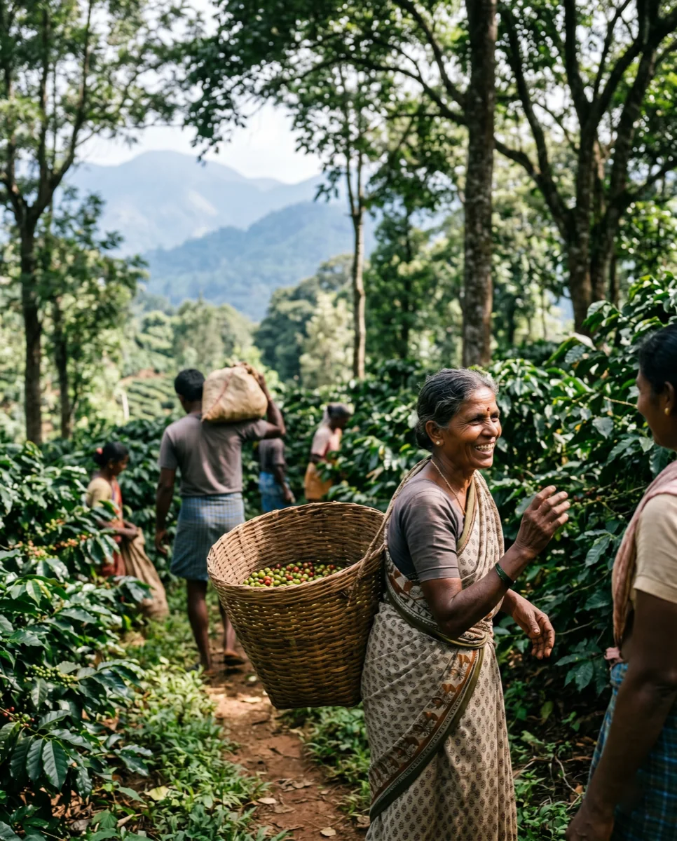 Harvesters carrying freshly picked coffee cherries at Nalnad