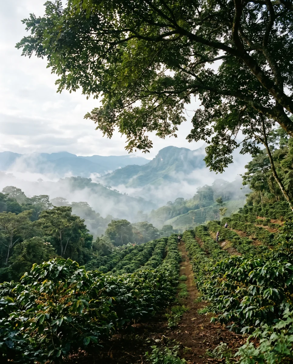 Shade-grown coffee terraces overlooking misty Kodagu hills