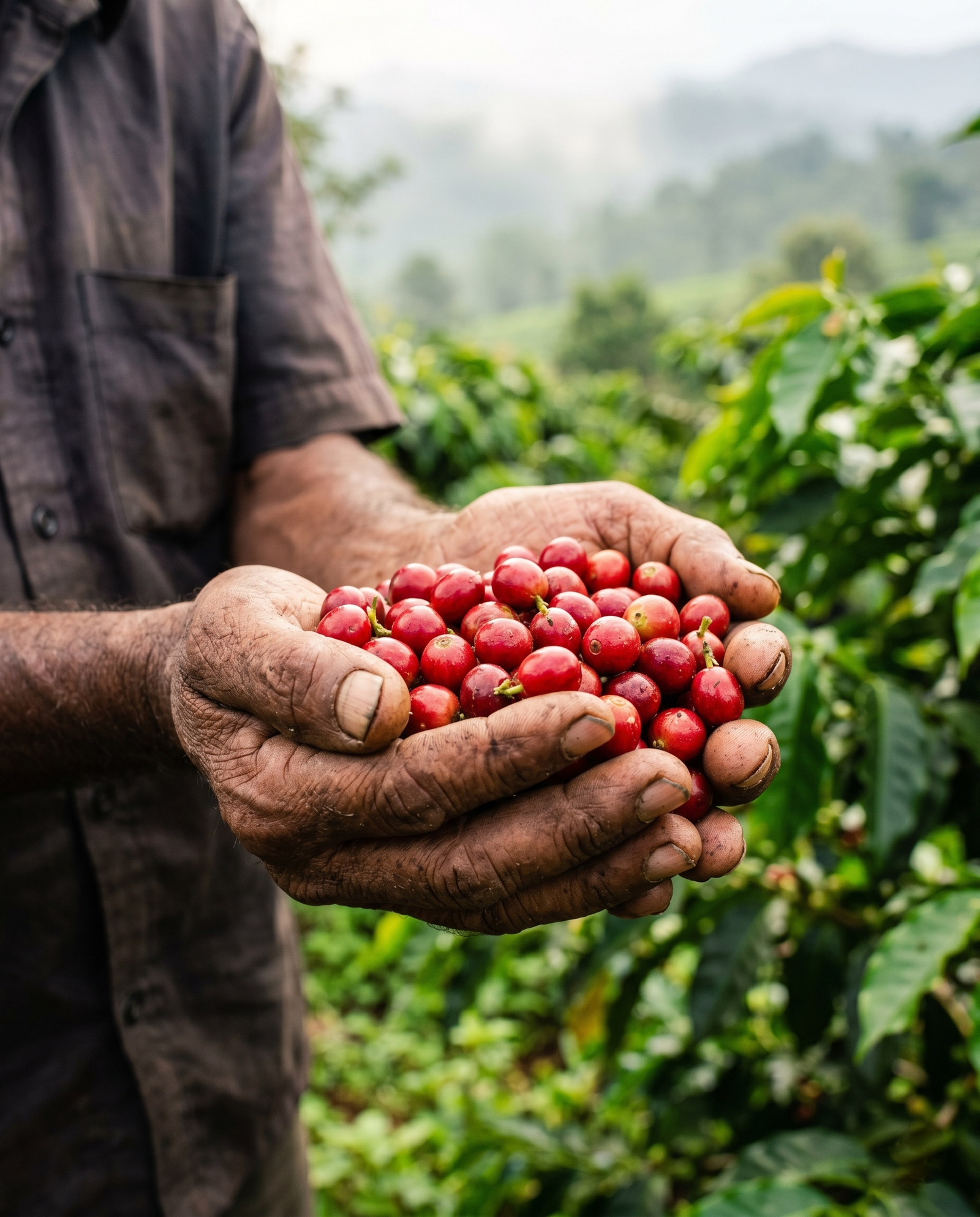 Coffee farmer holding ripe cherries in Kodagu